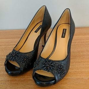 ✨Alex Marie Open-Toe Navy Beaded Heels✨